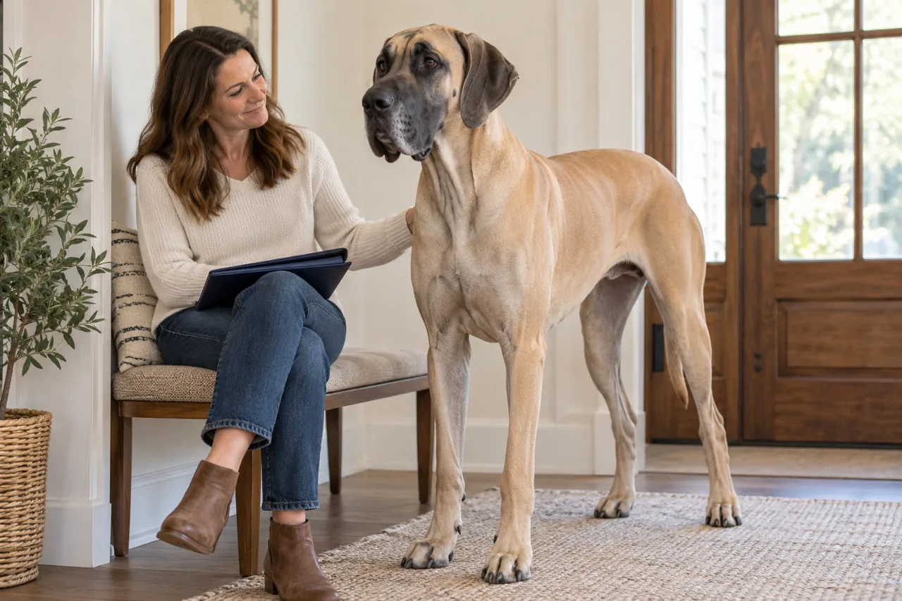 Owner sitting beside a large dog at home with papers